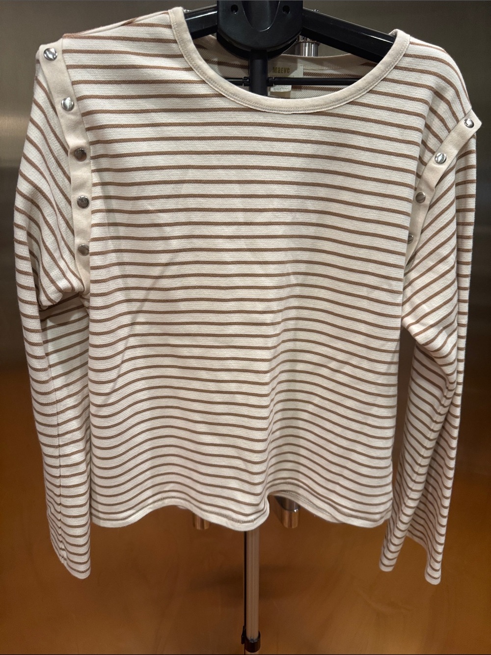 Anthropologie Cream and Tan Striped Button-Shoulder Long Sleeve Top - Picture 3 of 12